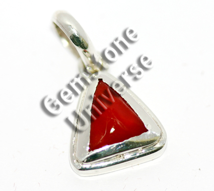 Natural triangular Italian Red Coral of 3.64 carats set in Sterling Silver 925 pendant.gemstoneuniverse.com