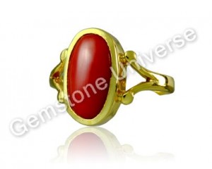Finest Mediterranean Ox Blood Color Red Coral Gold Ring-Gemstoneuniverse.com