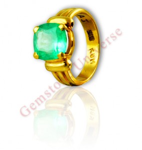 Gorgeous and resplendent spring green Colombian Emerald set in 22 K Gold ring. Gemstoneuniverse.com
