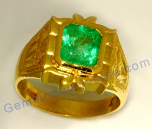 Lively and Vibrant Korean grass juice color Colombian emerald set in antique 18th century Golconda/Andhra Style Gold Ring. Emerald-The gemstone of Mercury!. Gemstoneuniverse.com