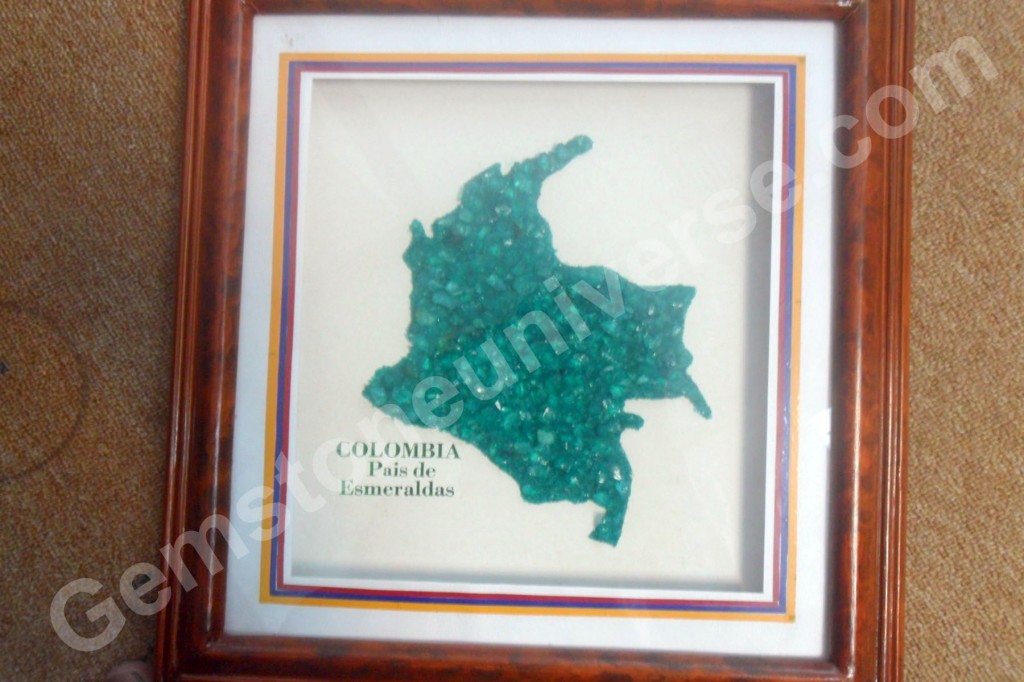 The Map of Colombia adorns the Gemstoneuniverse buying division. Studded with Real Colombian Emeralds