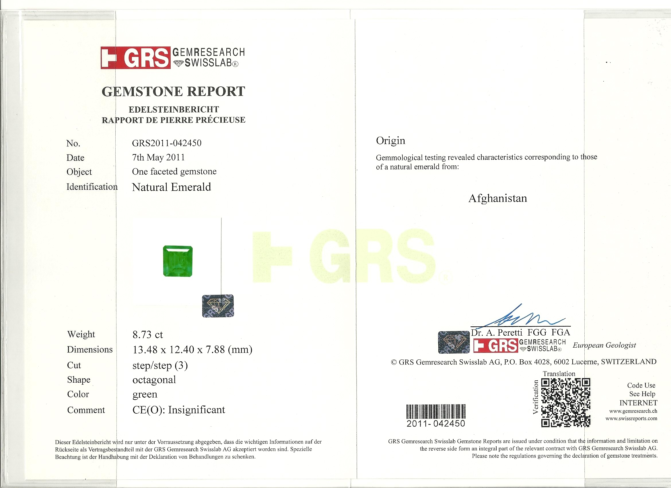 Emerald certificate issued by GRS