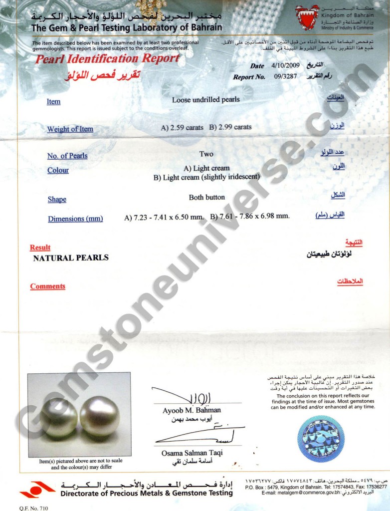 The Gem and Pearl Testing Laboratory Certificate of real Basra Pearls